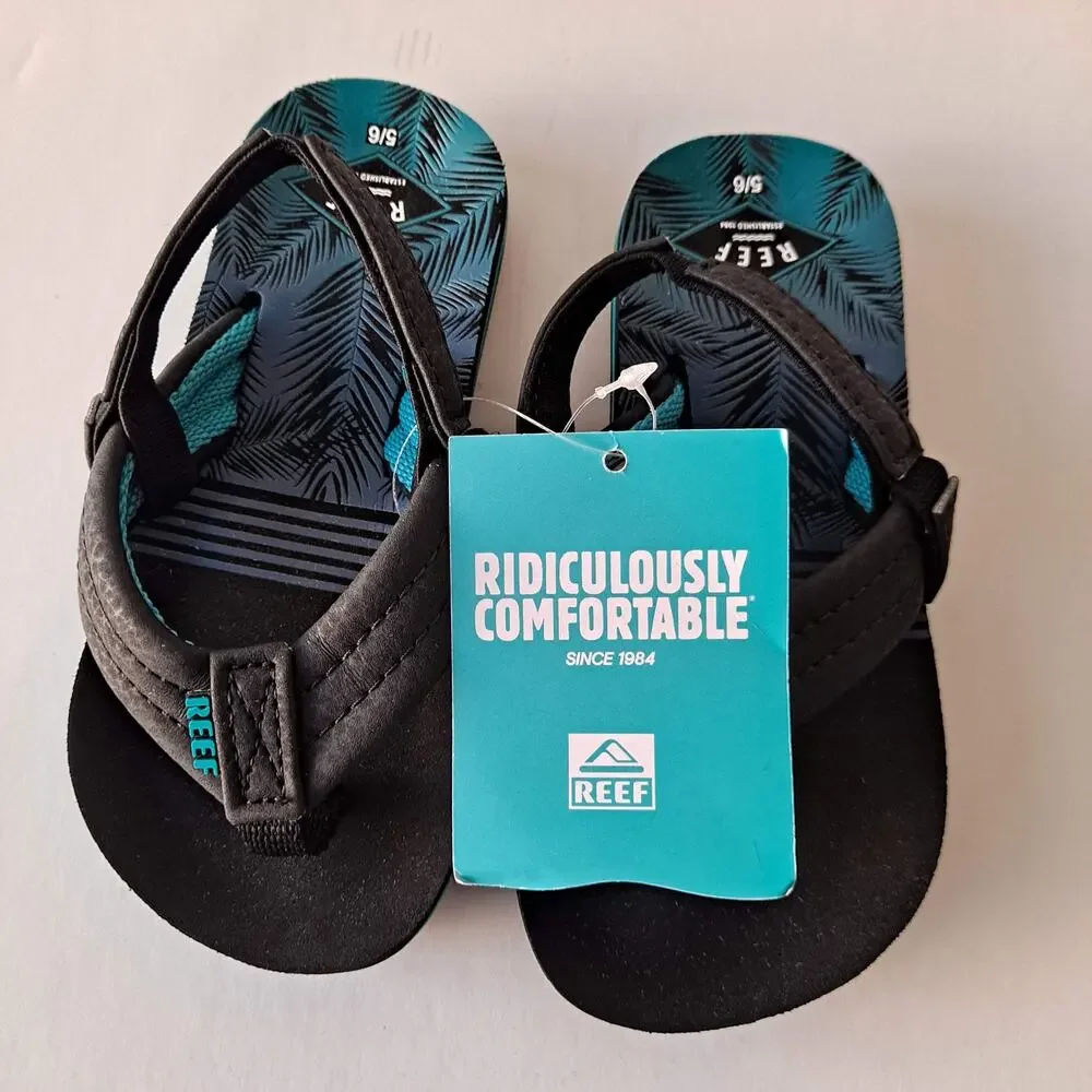 NWB Reef Little Ahi Aqua Palms Pool Flip Flop Sandals Black Blue Kids Size 5 / 6